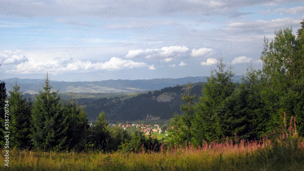 Picturesque panoramic landscape - Pieniny mountains, Poland.  Cloudy summer day in mountains.  Dark clouds over green mountain hills