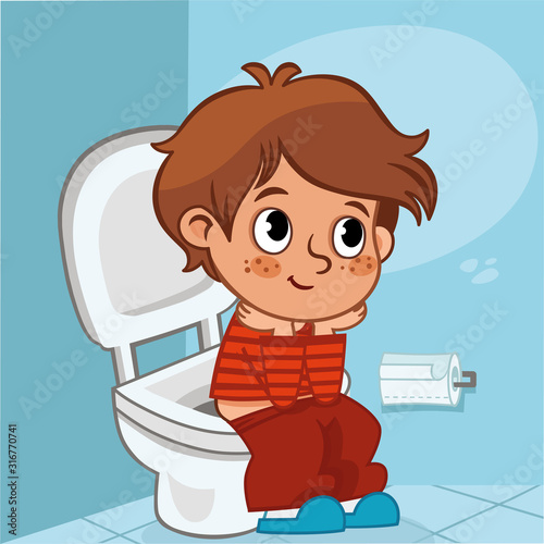 Cartoon boy sitting on the water closet . Vector illustration.