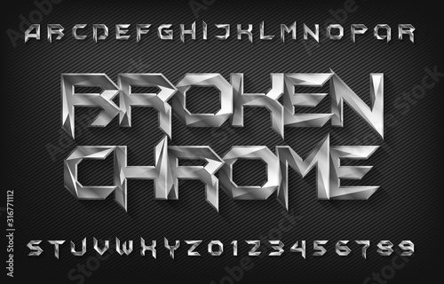 Broken Chrome alphabet font. Metal effect beveled letters and numbers. Stock vector typescript for your design.