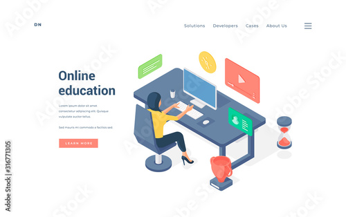 Woman studying online at table isometric vector illustration