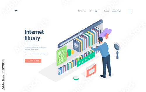 Man using Internet library with good rating isometric vector illustration