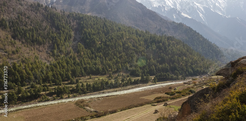 An aerial view of the Baspa river winding past the alpine forests and Himalayan mountains in the village of Chitkul in Kinnaur, India. photo