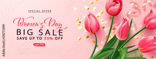 Women's day big sale poster.8 march holiday background with tulips and golden serpentine. Vector illustration for banner, brochures, booklets, promotional materials, website.