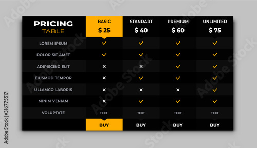 Simple comparison pricing chart table list. Vector comparing price banner product, unlimited menu planning services cost table with discount box, column, tariff infographic template