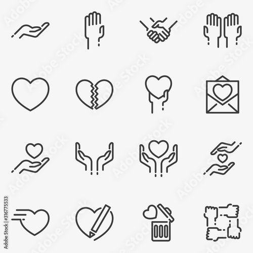 Set of love, friendship and charity black and white vector icon.