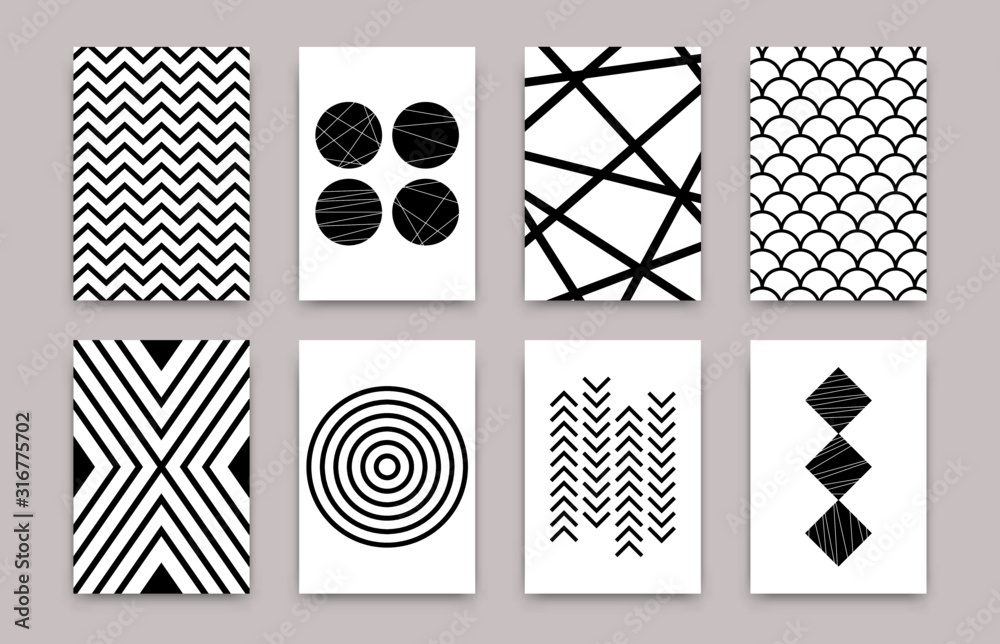 Abstract geometric scandinavian pattern set. Vector minimalistic art posters simple swiss style. Design template for wallpaper, flyer, banner, home decor. Black and white illustrations - obrazy, fototapety, plakaty 