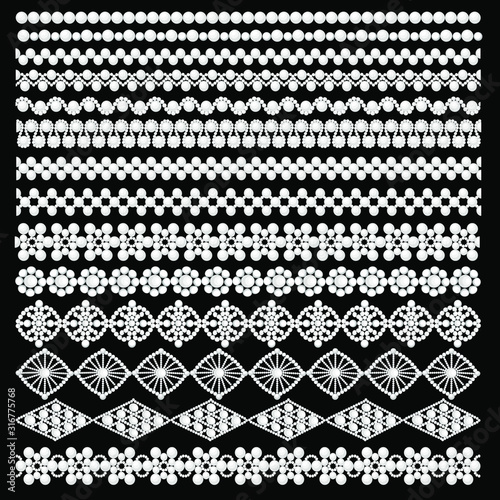 Illustration set of seamless brushes, borders of different shapes made of pearls