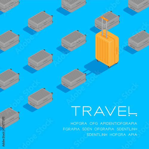 Luggage 3D isometric pattern, Travel business concept poster and social banner post square design illustration isolated on blue background with copy space, vector eps 10