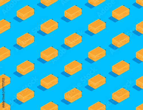 Luggage 3D isometric seamless pattern, Travel business concept poster and social banner post design illustration isolated on blue background with copy space, vector eps 10