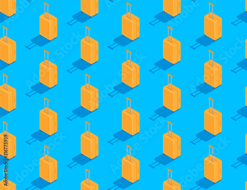Luggage 3D isometric seamless pattern, Travel business concept poster and social banner post design illustration isolated on blue background with copy space, vector eps 10