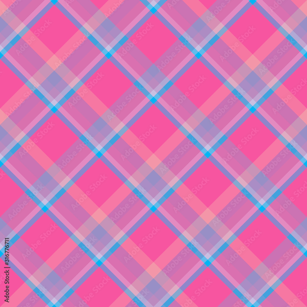 Checkered background in bright pink and sky blue tones. Seamless pattern for plaid, fabric, textile, clothes, tablecloth and other things.