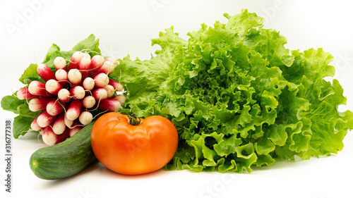 Green salad, red tomato, cucumber and some radish on a white background. Isolated. 
