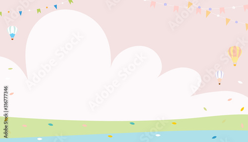 Vector cute cartoon spring background with copysace on green field with leaves falling in pastel colour, Minimal background for Spring or Summer time banner and greeting Card