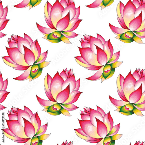Blooming Lotus. Hand drawn decorative seamless pattern. Alcohol markers illustration. Isolated on a white background.