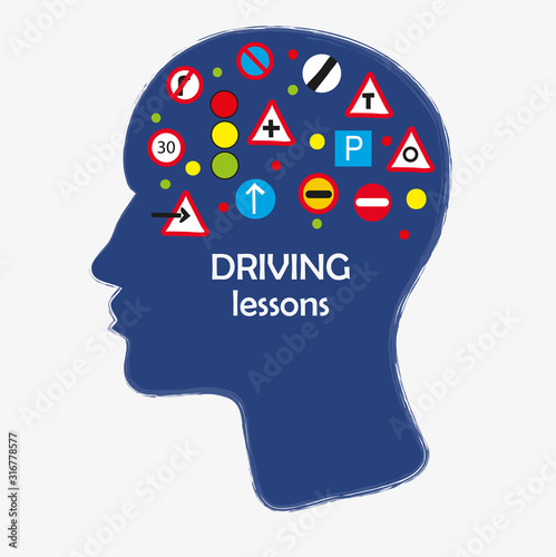 Driving school poster with road signs and head. Vector graphic illustration