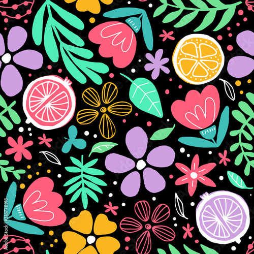Doodle background with bright flowers