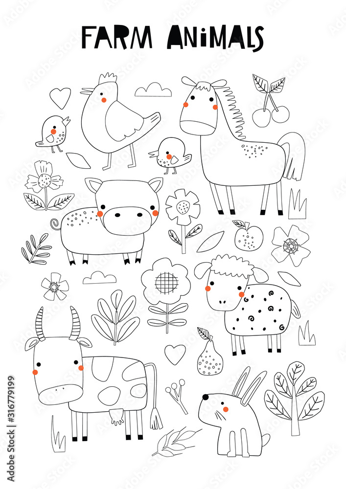 Set with farm animals in contour Set with farm animals in contour