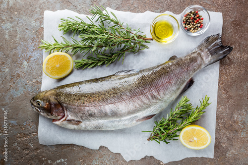 Raw trout fish on paper with rosemary and lemon on a stone table, top view