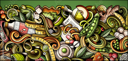 Diet food hand drawn doodle banner. Cartoon detailed flyer.