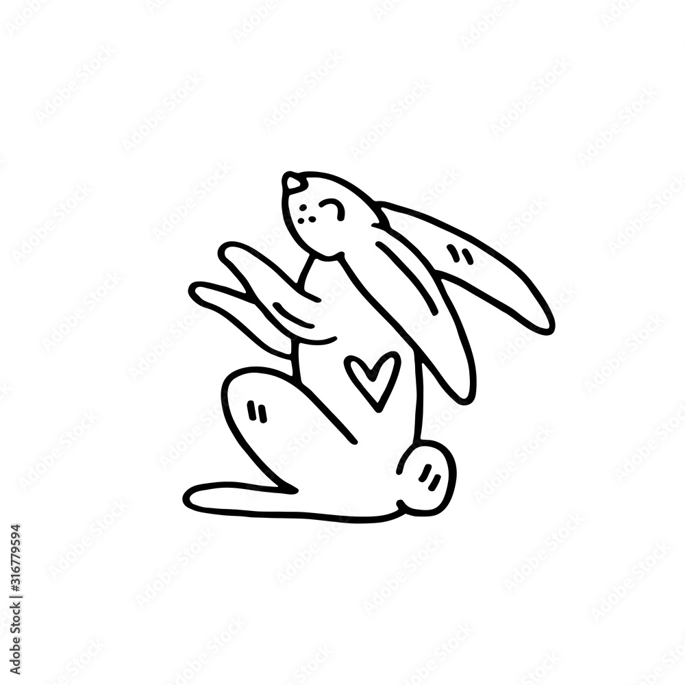 Funny cartoon hand drawn vector doodle rabbit. Easter symbol, animal, design element. Isolated on white background. Easy to change color. Sticker, icon, illustration. Cute animal. Line Art minimalist Funny cartoon hand drawn vector doodle rabbit. Easter symbol, animal, design element. Isolated on white background. Easy to change color. Sticker, icon, illustration. Cute animal. Line Art minimalist