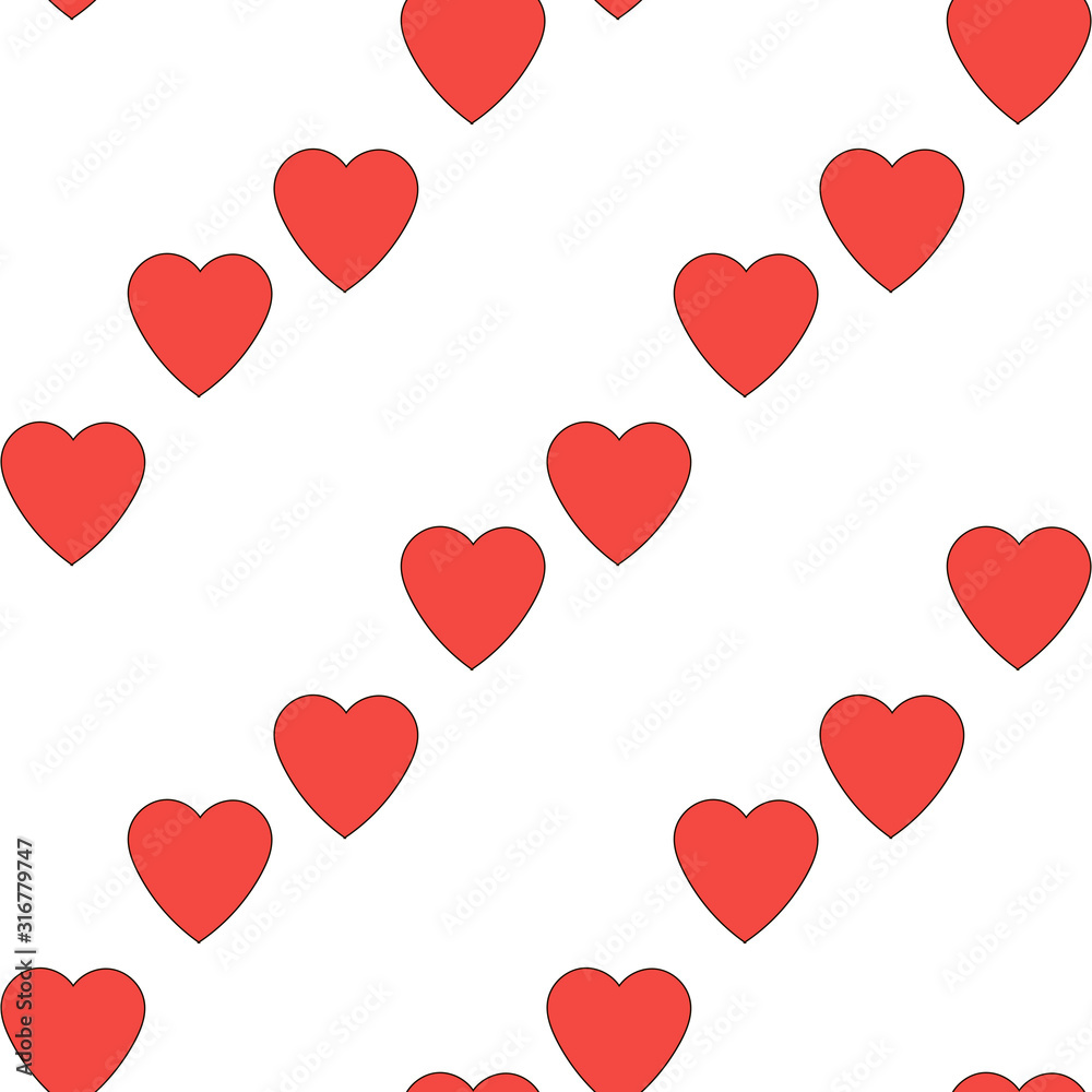 Seamless background of vector red hearts on white background. Inspirations by love.  Endless pattern for your design.