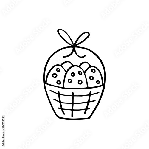 Easter eggs in basket cute funny cartoon hand drawn vector doodle illustration. Isolated on white background. Easy to change color. Easter holiday design element, art. Cute decorative element. 