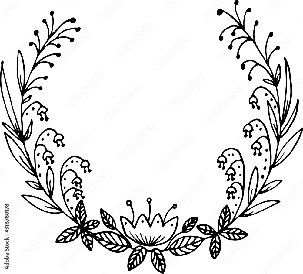 Hand drawn spring floral and herbs wreath with different fantasy leaves. Round frame. Creative decorative elements. Perfect for valentines day, stickers, wedding, birthday, save the date invitation.