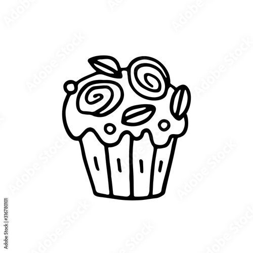 Easter cake, bakery product, Easter food doodle hand drawn vector illustration, sticker. Easy to change color. Isolated on white background. Sweet, tasty holiday food with ornate decoration.