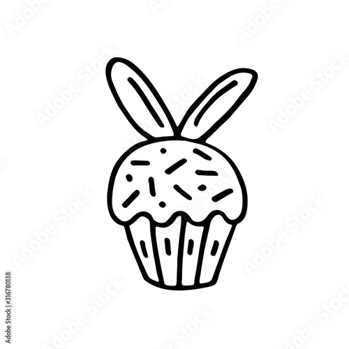 Easter cake, bakery product, Easter food doodle hand drawn vector illustration, sticker. Easy to change color. Isolated on white background. Sweet, tasty holiday food with ornate decoration.