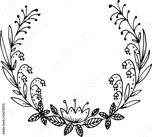 Hand drawn spring floral and herbs wreath with different fantasy leaves. Round frame. Creative decorative elements. Perfect for valentines day, stickers, wedding, birthday, save the date invitation.