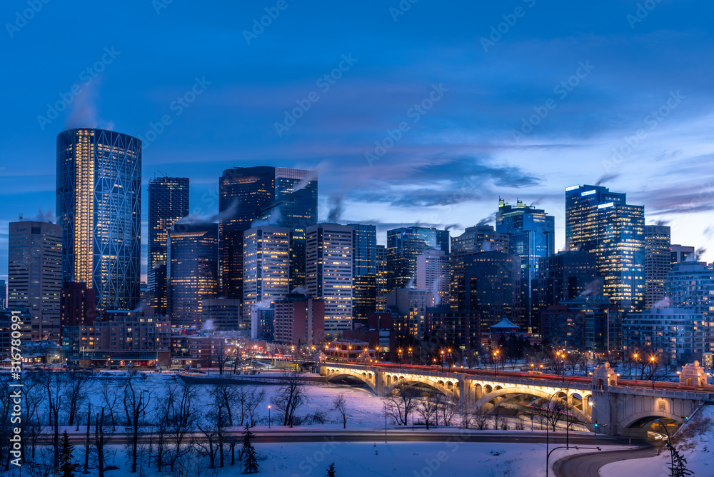 View of Calgary's urban core at dusk on a very cold January evening.