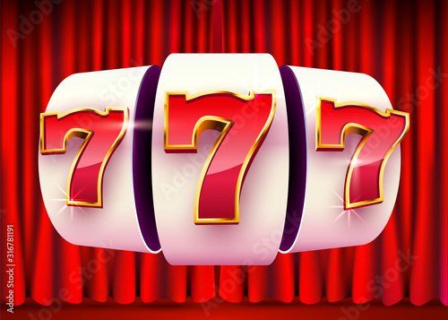 Slot machine wins the jackpot on curtain background. 777 Big win casino concept.