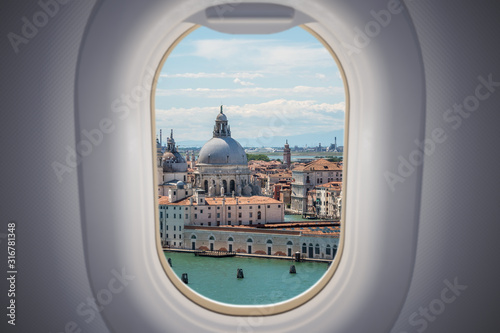 View from airplane window on Venice city in Italy.