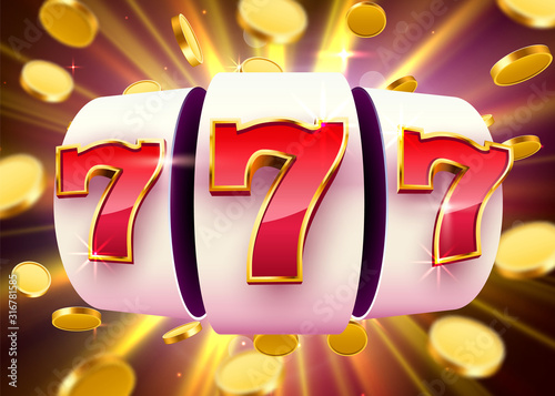 Golden slot machine with flying golden coins wins the jackpot. Big win concept.