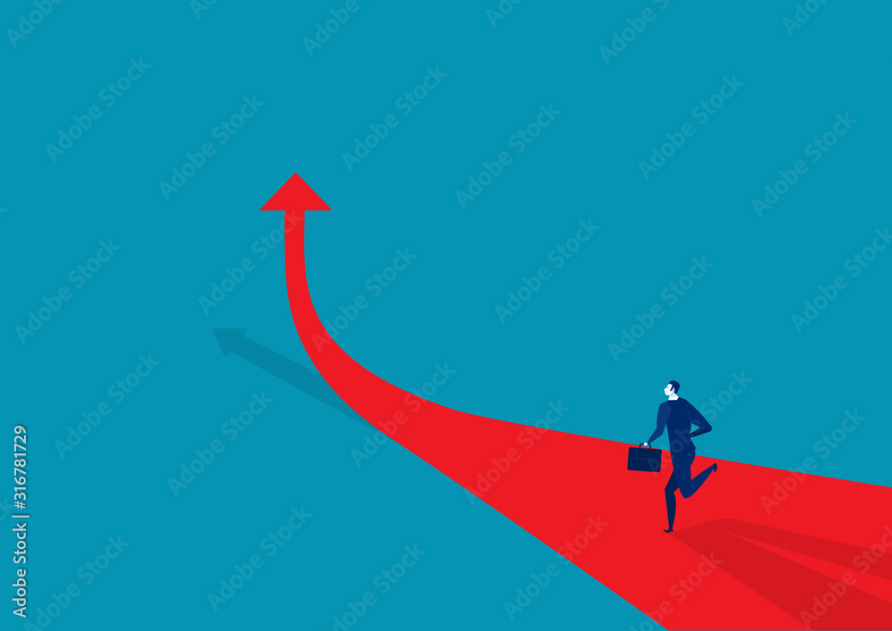 Businessman runing on the arrow red . go to target business success. Businessman runing on the arrow red . go to target business success.