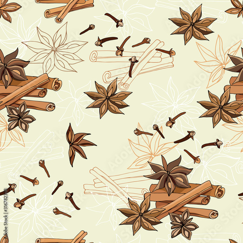 Seamless pattern with a set of cinnamon sticks, anise and cloves on a beige background. Seamless vector illustration for decoration of the menu, cafe, paper, fabric.