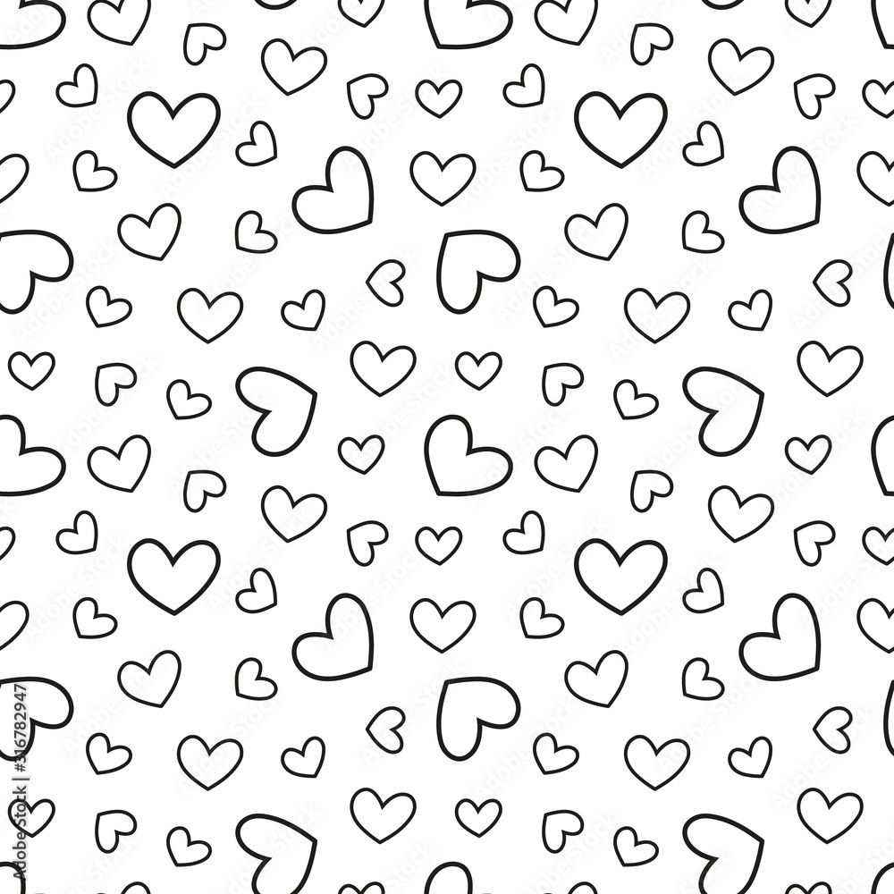 Hand drawn retro hearts seamless pattern. Vector illustration. Scribble black hearts on white background. Love concept for Valentine's Day. Abstract template. Vintage background. 
