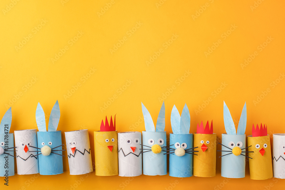Happy easter kindergarten decoration concept - rabbit, chicken, egg from  toilet paper roll tube. Simple diy creative idea, copy space. Eco-friendly  reuse recycle decor Stock-Foto | Adobe Stock