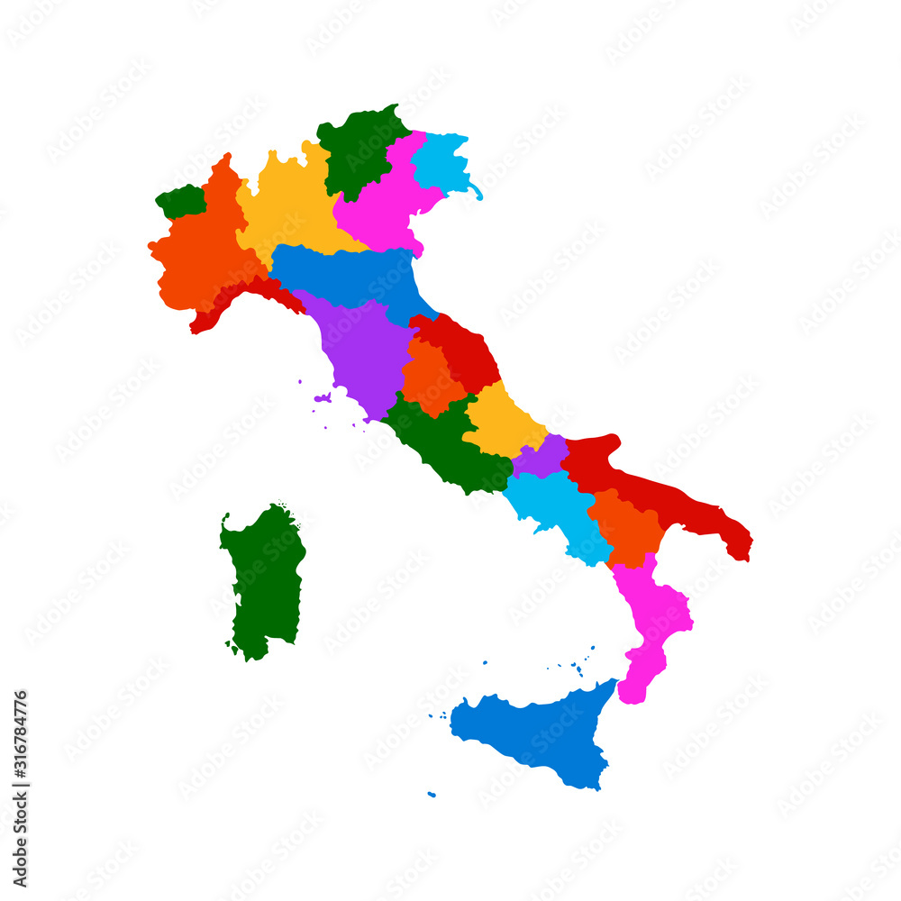 Colorful vector silhouette cartography map of Italian political borders and regional administrative borders and Region names