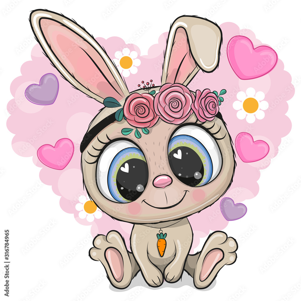 Fototapeta premium Kreskówka królik z kwiatami na tle serca