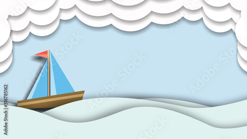 Paper boat swimming in the ocean waves, folding origami toy boat, floating paper in the ocean with beautiful ocean scenery with clouds in the sky.