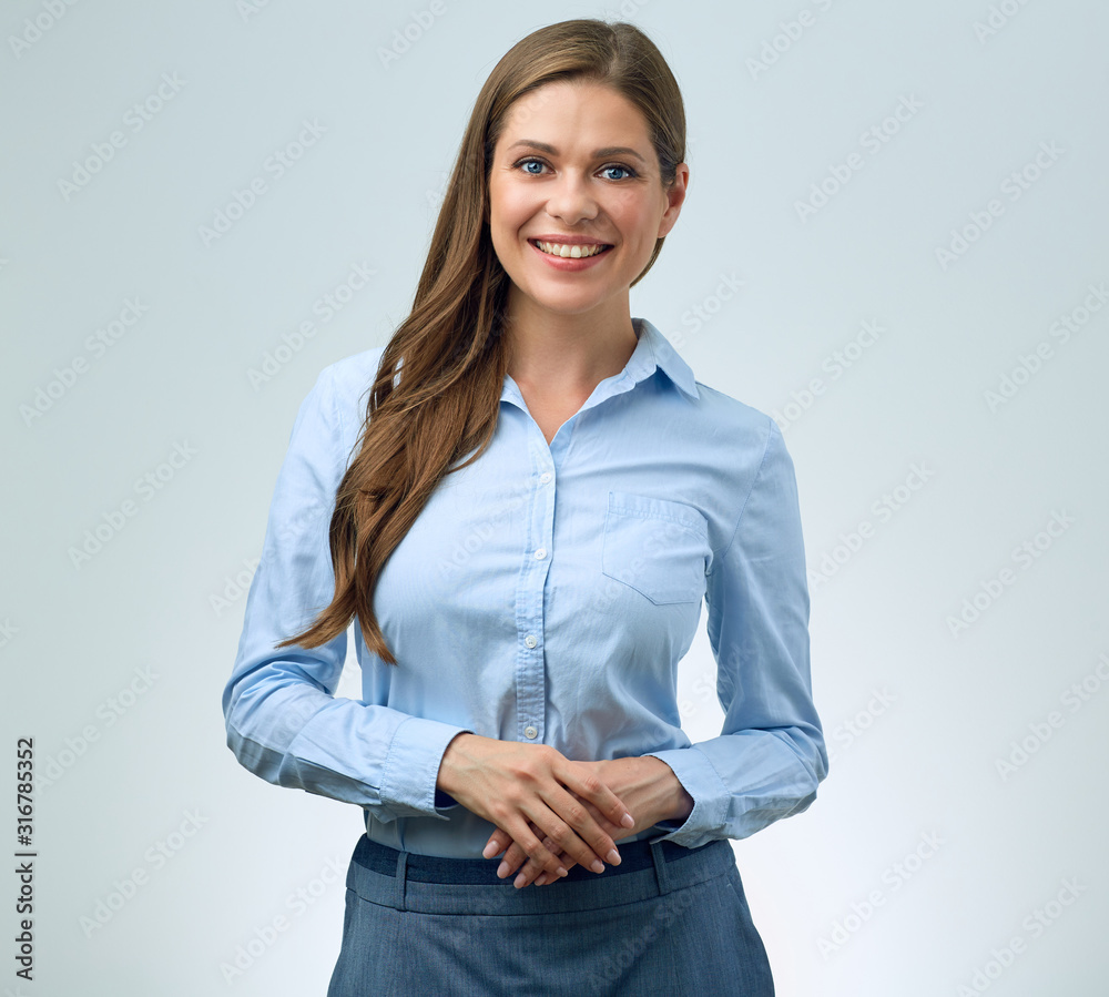 portrait of smiling business woman in blue office shirt. portrait of smiling business woman in blue office shirt.
