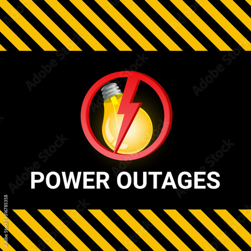 Power outage. Poster in yellow and black with a light bulb and a warning sign in the form of lightning.