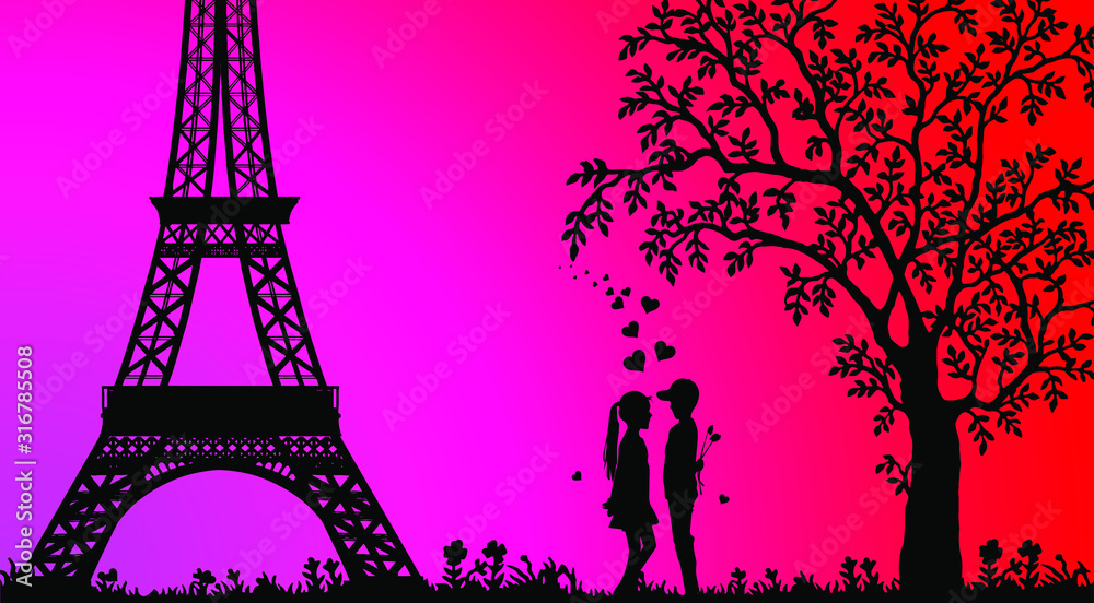 Valentine's day postcard silhouette of a pair of lovers under a tree vector image