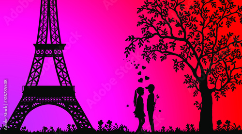 Fototapeta Naklejka Na Ścianę i Meble -  Valentine's day postcard silhouette of a pair of lovers under a tree vector image