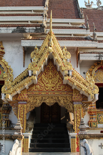 Gable roof front of the church of a Thai temple.