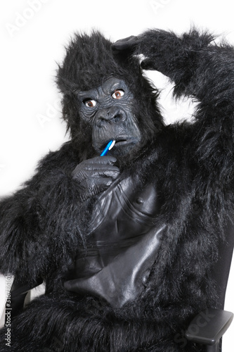 Portrait of young man in gorilla costume brushing teeth against white background © moodboard
