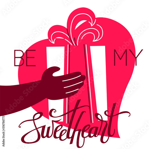 A square vector valentine's card with a gift box. St. Valentine's day image with a gift box in hands. White and pink colors. Be my sweetheart lettering.