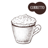 Corretto coffee cup sketch. Hand drawn illustration. Engraved vector illustration. Corretto cup.