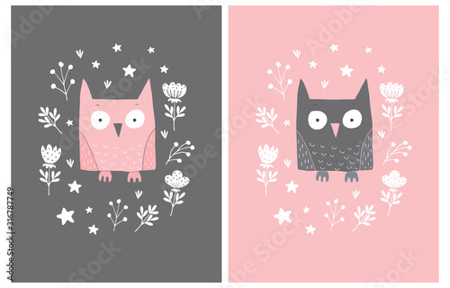 Fototapeta Naklejka Na Ścianę i Meble -  Lovely Vector Illustration with Cute Pink and Brown Owl In a White Floral Frame Isolated on a Pink and Brown Background. Funny Nursery Art for Card, Invitation, Wall Art, Greeting, Poster.